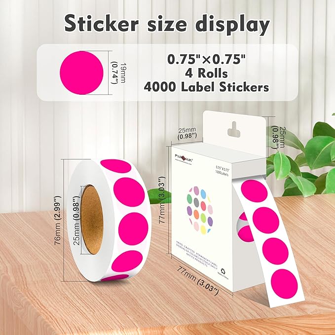 PARLAIM 3/4 Inch Roll Color Coding Labels,4000 per/4 Rolls Round Adhesive Color Coding Circle Dot Stickers for Office Home (Fluorescent Pink)
