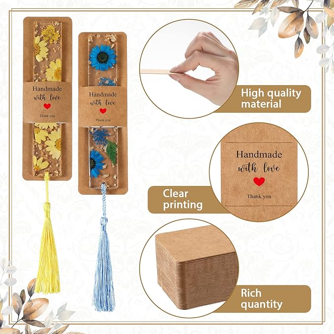 Fumete 50 Pieces Resin Bookmark Holder 5.9 x 1.8 Inches Kraft Bookmark Sleeves DIY Bookmarks Display Cards for Bookmark Wrapping Small Business Packaging Supplies Party Favor Gift (Brown, Warm)