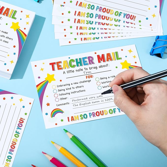 50PCS Colorful Teacher Mail Notes to Parents Rainbow Classroom Good Behavior Incentive Cards Teacher Motivational Postcard to Send Home for Preschool Kindergarten Elementary School Teacher Supplies
