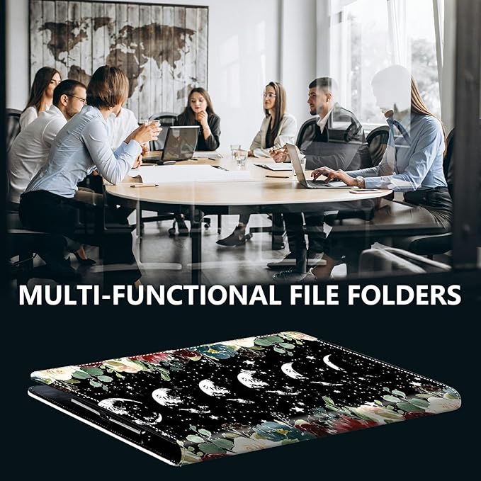 PU Leather Padfolio Clipboard Notepad with Pen Loop and Elastic Strap Interview/Resume Document Organizer for Business School Office,Moon Wild Floral