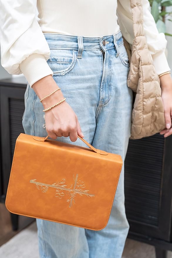 Bible Cover Case for Women - PU Leather Bible Covers for Women –Bible Case for Girls - Minimalist Design Debossed Bible Case, Large Bible Covers for Women – Bible Accessories (Brown/Gold)