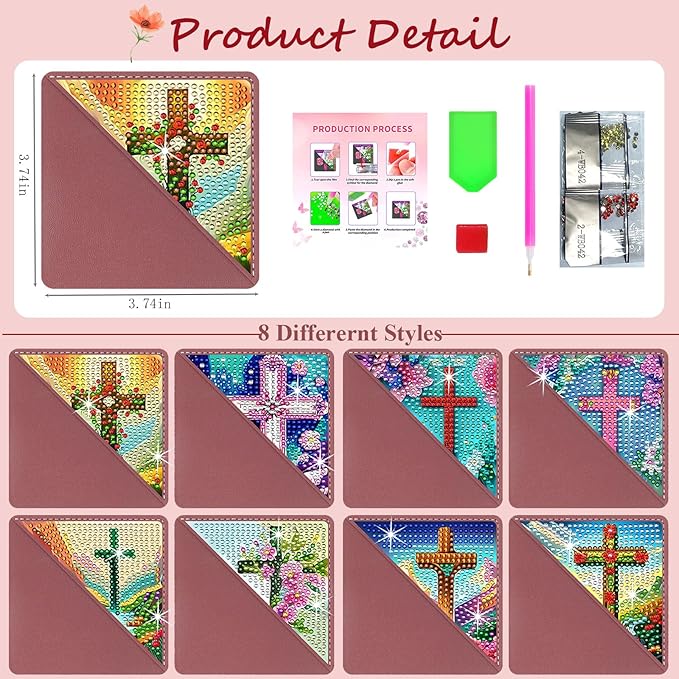 Diamond Art Painting Bookmarks,8Pcs DIY Cute Diamond Art Kits for Adults, Corner Bookmarks Small Crafts Kit Gifts for Women Book Lovers (Cross)