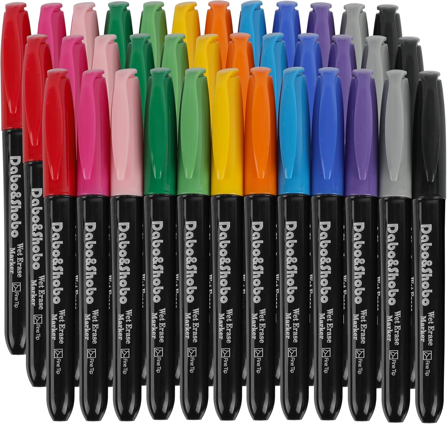 Dabo&Shobo Wet Erase Markers, 36-Count Smudge-Free, 12 Colors Fine Tip, Erases with Water! Low Odor Markers for Office, School & Home