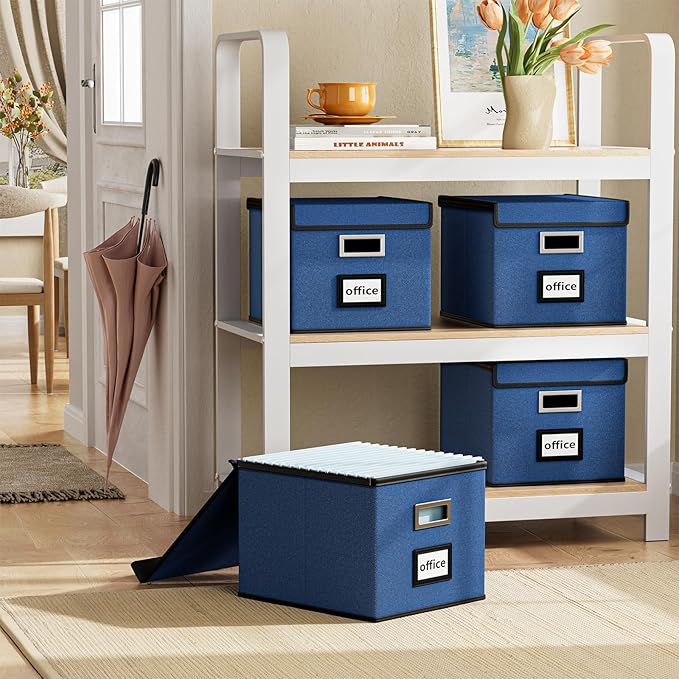 Huolewa Decorative File Organizer Boxes Office Document Storage with Lids, Portable Collapsible Linen Hanging Filing & Storage Boxes for Office/Decor/Home (Royal Blue) -14.9 x 12.7 x 10.8 inch -4 Pack