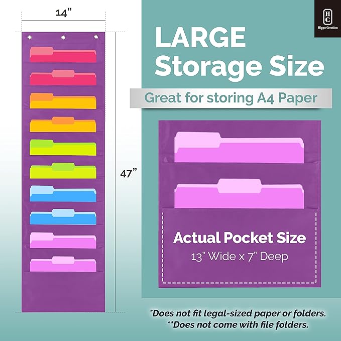 Hippo Creation Heavy Duty Storage Pocket Chart for Classroom, 10 Pocket Storage Organizer with 3 Over-Door Hangers, Hanging Wall Organizer for File Folders, School Mailbox, Home Office Papers - Purple