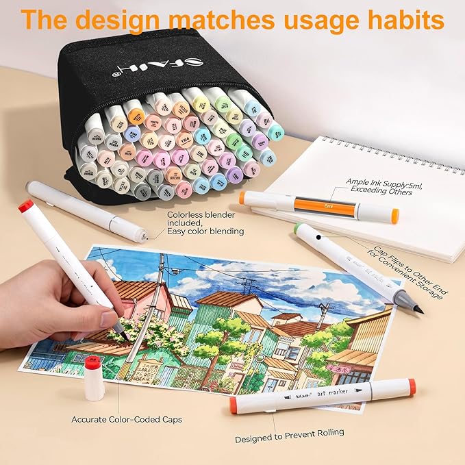 SFAIH Pastel Alcohol Markers Brush Tip - 51 Colors Double Tipped Art Markers for Artist Adult Coloring Illustration, Gifts for Artist Adult, Dual Tip Brush & Chisel - Refillable Ink