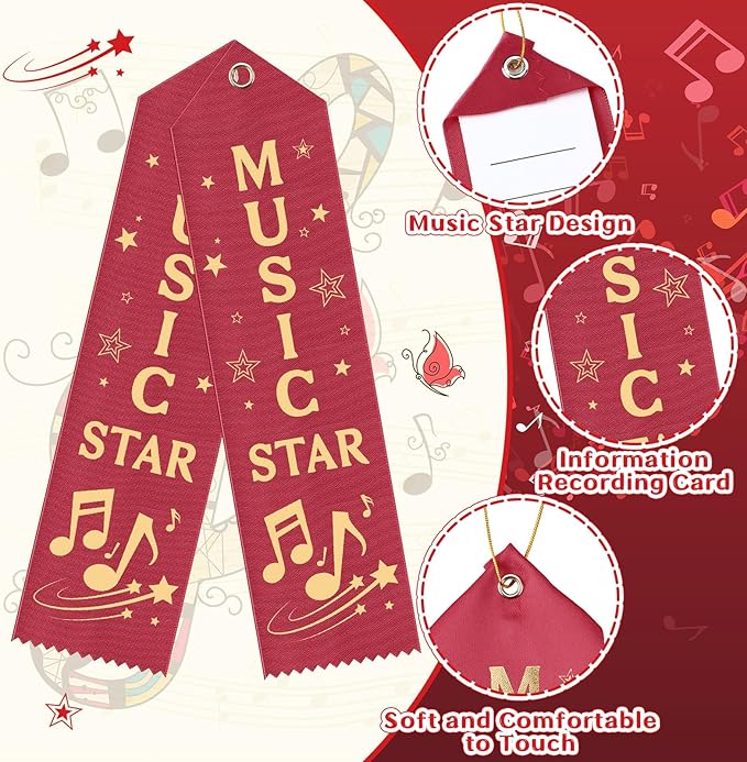 50 Pcs Music Star Ribbons 8 x 2 Inches Maroon Ribbons with Cards and Strings Music Prizes Bookmark Style Awards for Singing Competitions Class Activities Concerts