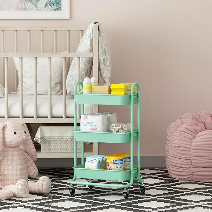 3-Tier Green Utility Rolling Cart,Kitchen Storage Carts with Wheels,Green Metal Rolling Cart for Office,Home,Kitchen,Garden（18"x11.4"x31.2"）