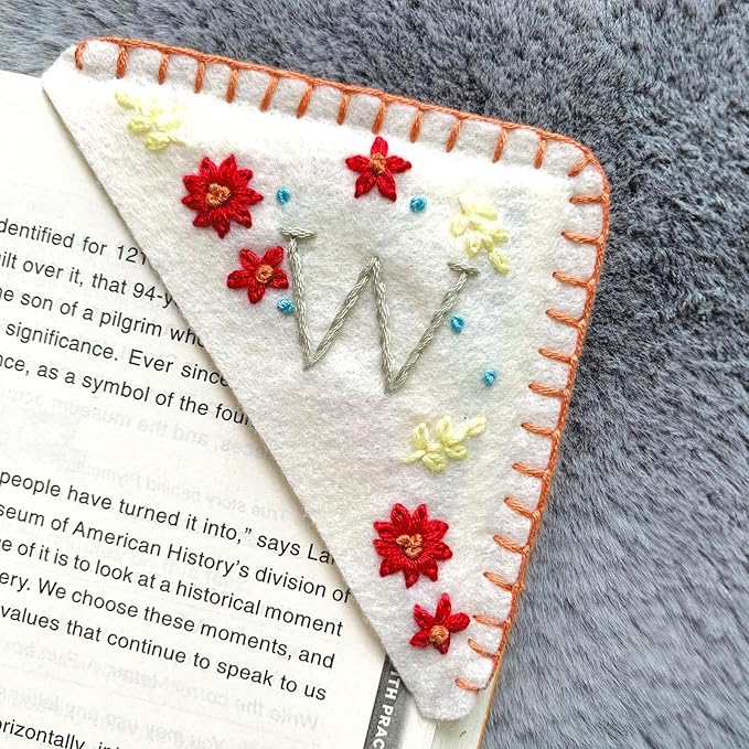 Personalized Hand Embroidered Corner Bookmark, Bookmarks for Women, Personalized Bookmark for Books, Cute Flower Book Mark, Hand Stitch Gift for Women for Book Lovers by HNQCPCVU (W, White)
