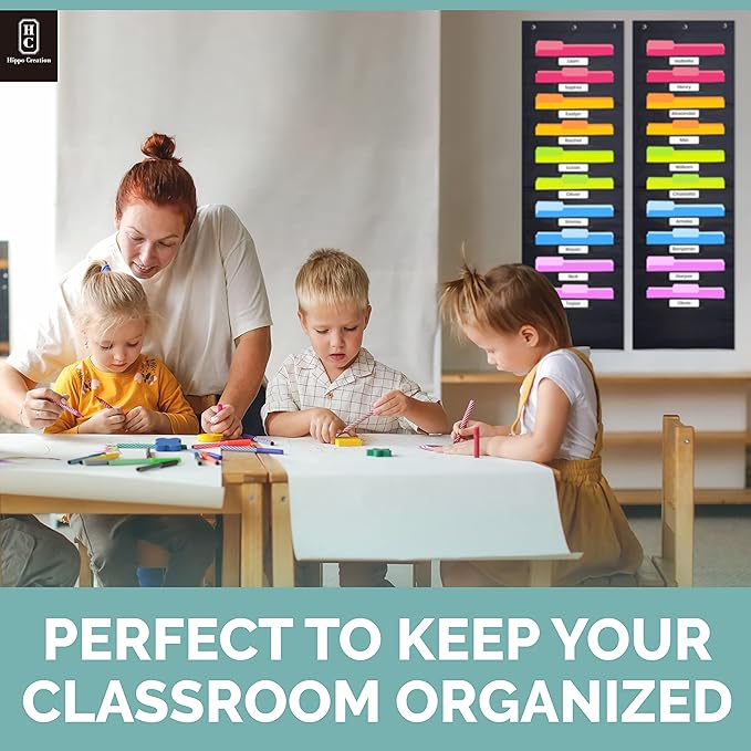 Hippo Creation Storage Pocket Chart for Classroom, 10 Pocket Storage Organizer with 6 Over-Door Hangers, Hanging Wall Organizer for File Folders, School Mailbox, Home Office Papers - Black, 2 Pack