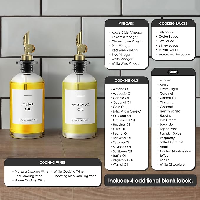 Olive Oil & Coffee Syrup Labels for Bottles - 2.5" x 2.5" Waterproof Kitchen PVC Sticker Labels for Oils, Coffee Syrups, Vinegars, Sauces, Cooking Wines, Condiments - Minimalist White, 61pcs