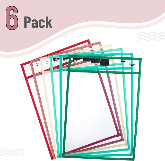 Mr. Pen- Dry Erase Pocket Sleeves, 10"x14", 6 pcs, Colorful Dry Erase Sleeves, Plastic Sleeves for Paper 8.5x11, Dry Erase Pockets Reusable Sleeves, Plastic Paper Sleeves, Dry Erase Sheet Protectors