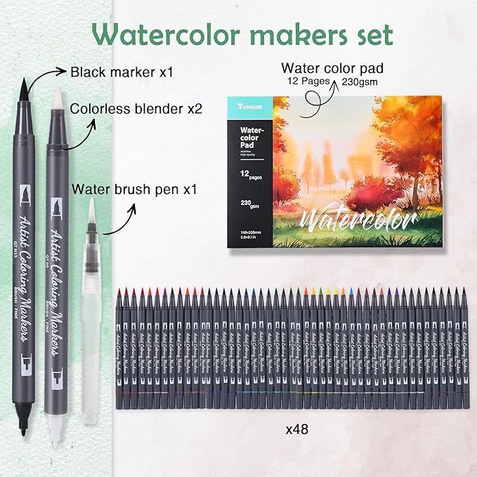 Watercolor Pens Set, 48-Color Dual Tip Paint Markers, Water-Based Coloring Markers with 1 Aquapen, 2 Colorless Blenders, 1 Black Marker, and 12-Page Pad, Art Supplies for Artists & Beginners