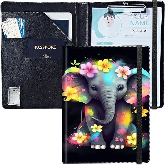 PU Leather Padfolio Clipboard Notepad with Pen Loop and Elastic Strap Interview/Resume Document Organizer for Business School Office,Elephant with Flowers