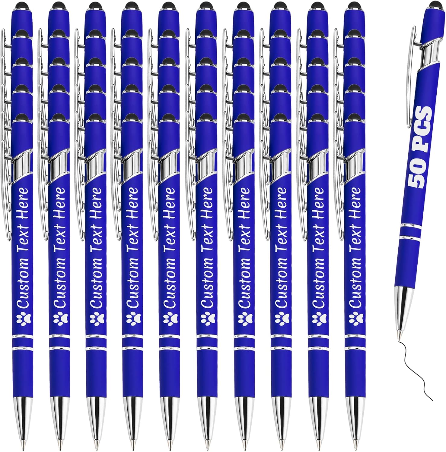 Personalized Pens Bulk 50 with Name Custom Engraving Ballpoint Pens with Stylus Tip Customized Smooth Writing Pens Personalized Gifts for Anniversary Birthday or Graduation(Blue,Black Ink)