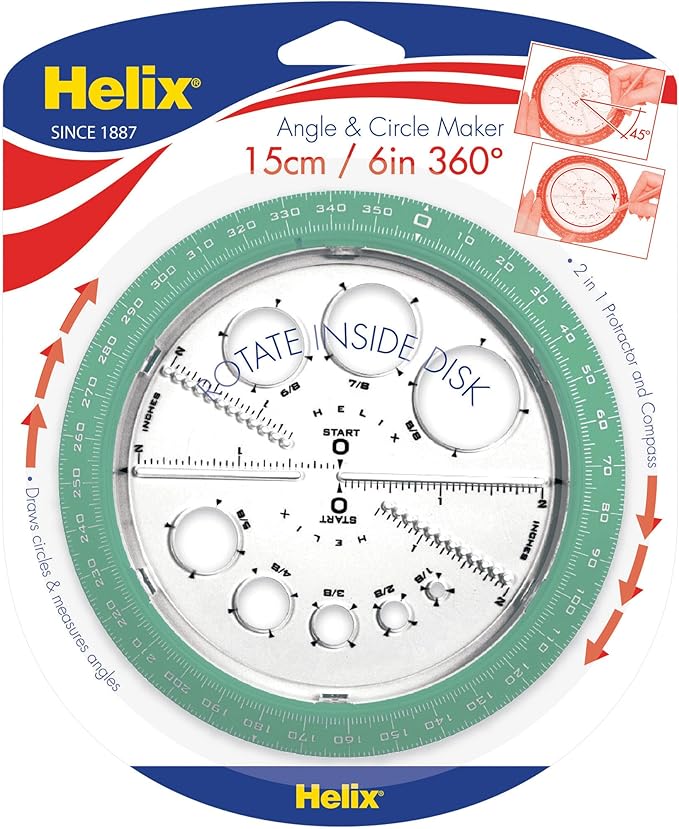 Helix Angle and Circle Maker with Integrated Circle Templates, 360 Degree, 6 Inch / 15cm, Assorted Colors (36002)
