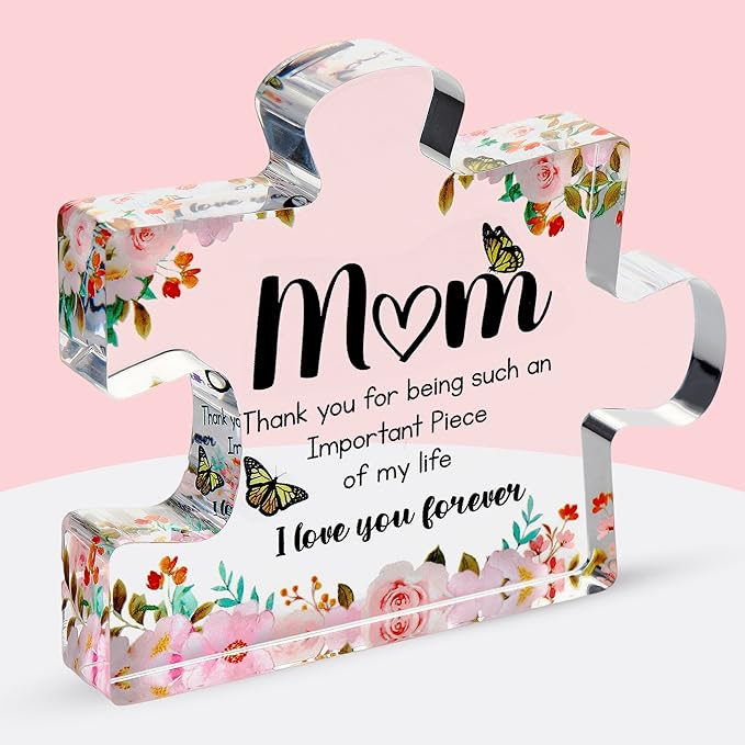 VELENTI Gifts for Mom - Cute Engraved Acrylic Block Puzzle Piece - Adorable Mum Gift from Son, Daughter - Fun Christmas, Mothers Day, Retirement Gift Idea - Fancy Decoration Piece for Home, Office