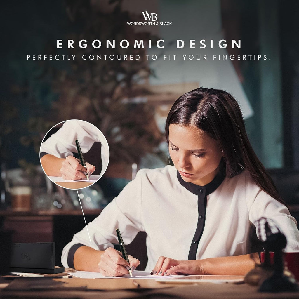 Wordsworth & Black Fountain Pen Set, Fine Nib, Includes 24 Pack Ink Cartridges, Ink Refill Converter & Gift Box, Calligraphy, [All Black], Perfect for Men & Women