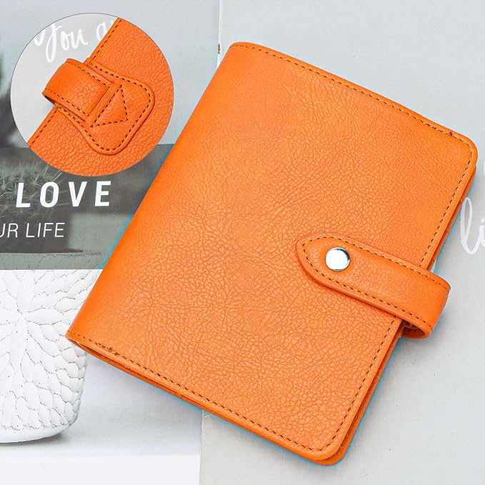 Mogoostry A7 Binder Cover Savings Binder Wallet Leather Binder Folder 6-Ring Refillable Notebook Binder Planner Cover Hardcover Budget Binder Organizer (Orange)