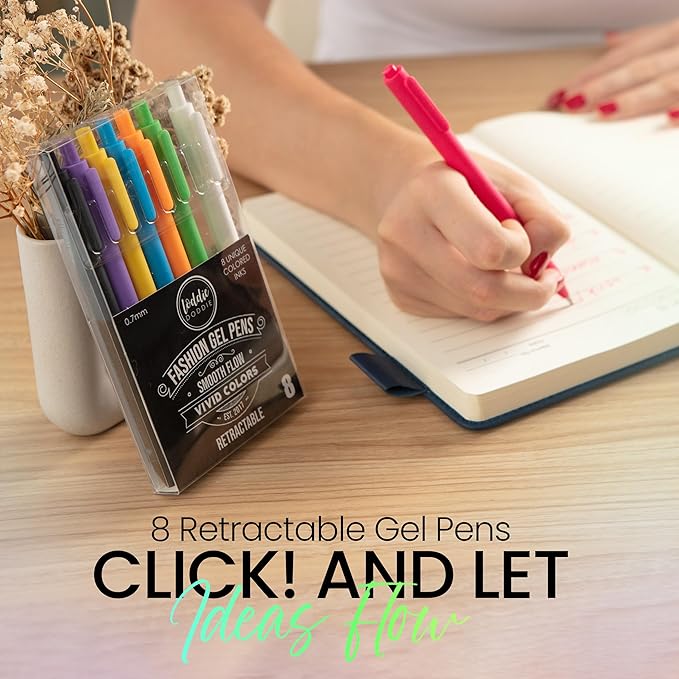 Loddie Doddie Gel Pens - 8-Pack 0.7 mm Medium Point Retractable, No Bleed, Smooth Writing Neon Ink for Journaling & Note Taking