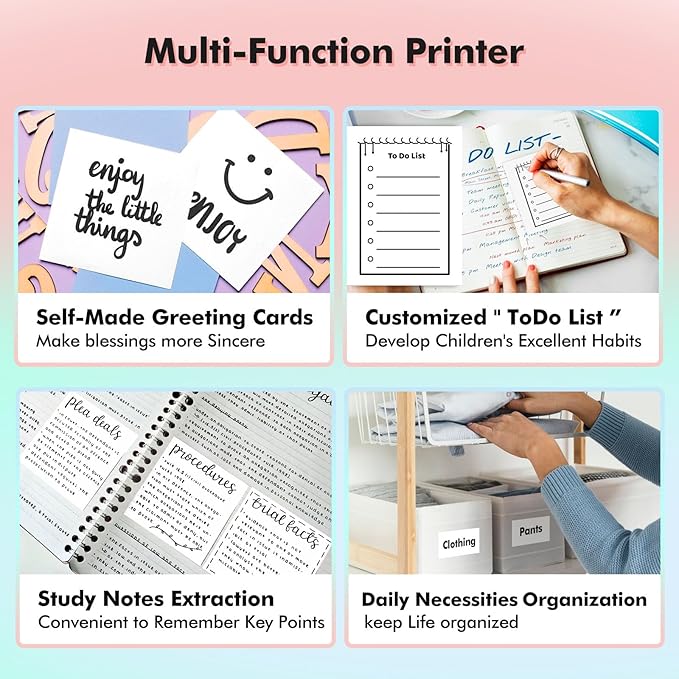 Mini Printer Sticker Printer Bluetooth for Phone Portable Thermal Print for Photo,Note,Journal,Memo,with 6 Rolls Thermal Paper（Pink）