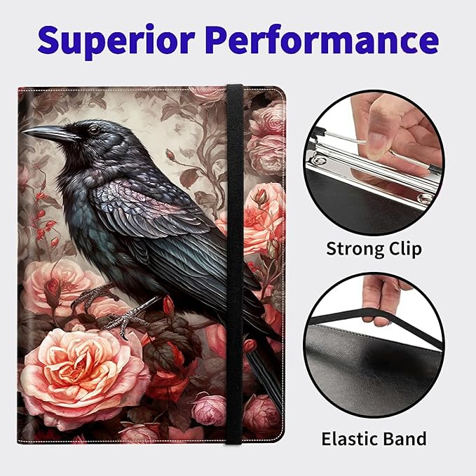 Bird and Roses Padfolio Folder with Clipboard,Portfolios Organizer Clipboards with Storage Clipboard Writing Pad PU Leather Conference Document Organizer with Business Card Holder