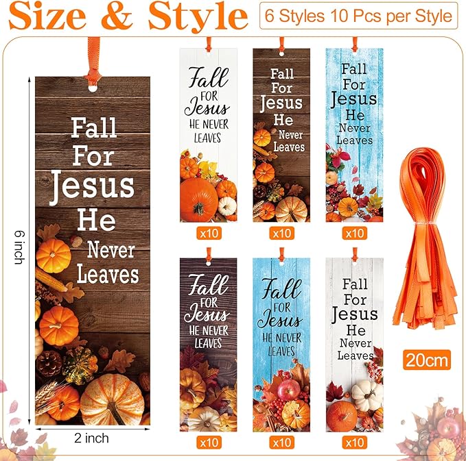 60 Pcs Fall for Jesus He Never Leaves Bookmark Religious Christian Bookmarks Autumn Thanksgiving Exchange Gifts for Church Home Party Favors