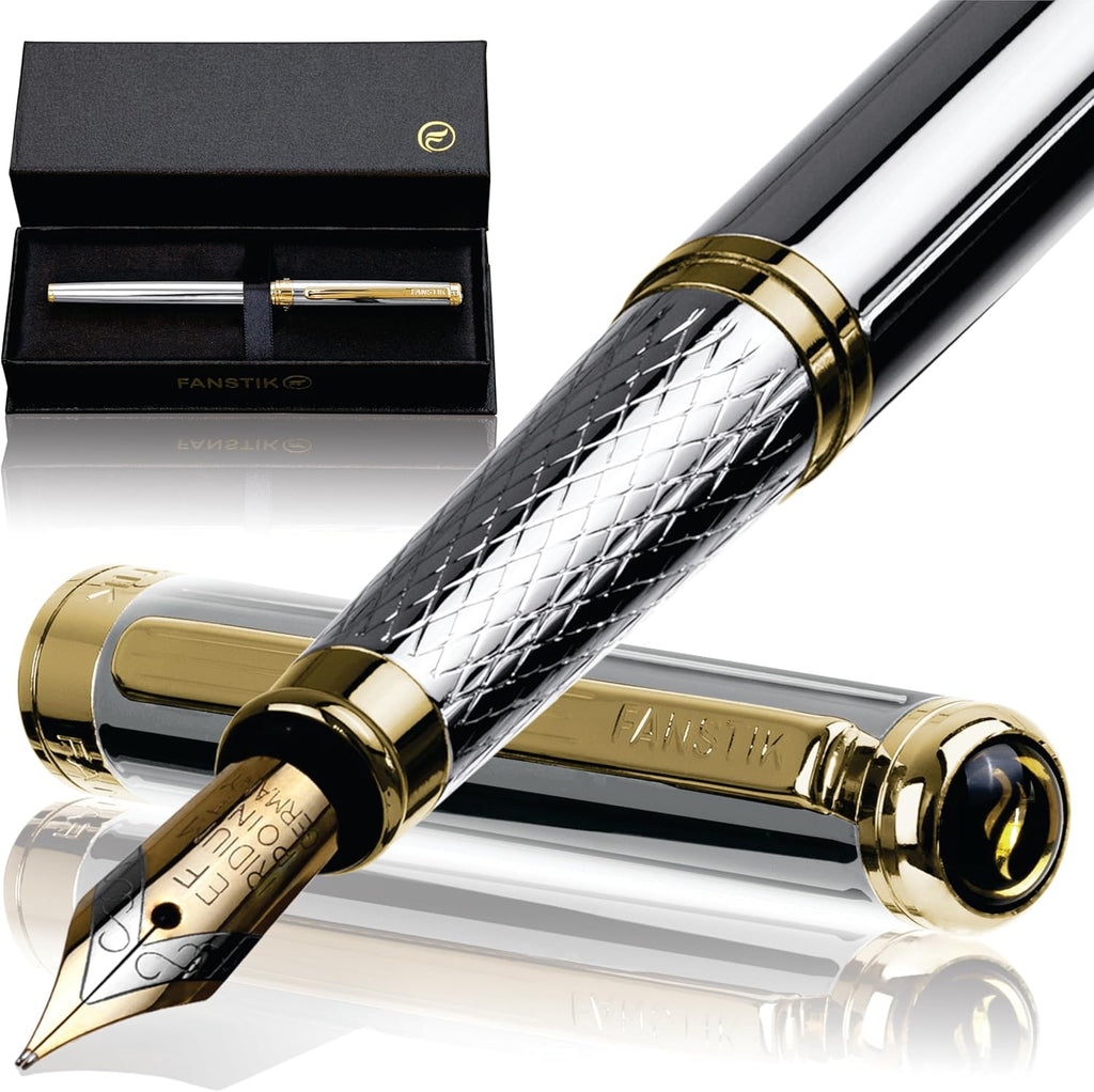 Silver&Gold Luxury fountain pen (Made In USA) fancy gift set for women, Real 24K Gold Plating, Professional executive pen gift set for men (Lux fountain Silver-Gold)