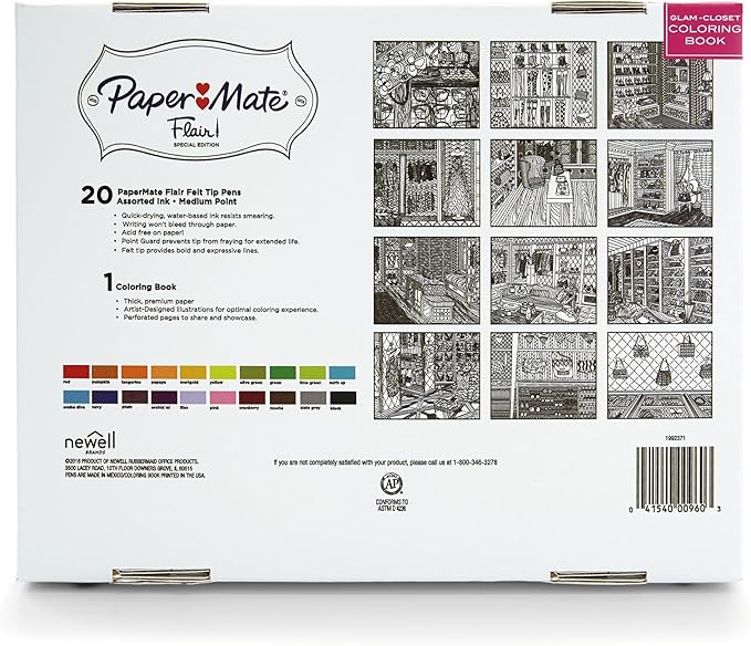 Paper Mate Flair Felt Tip Pens, Medium Point with Women’s Closet Adult Colouring Book - Assorted Colours, Count of 20