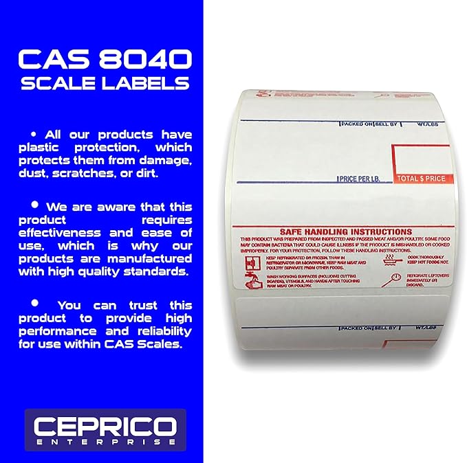 CEPRICO - CAS 8040 Scale Labels | 12 Rolls for CAS Scales | CAS lst-8040 Printing Scale Label | Quality for CAS Digital Scale | UPC Safe Handling | CAS lp 1000 | 500 Labels for Scales | Try It