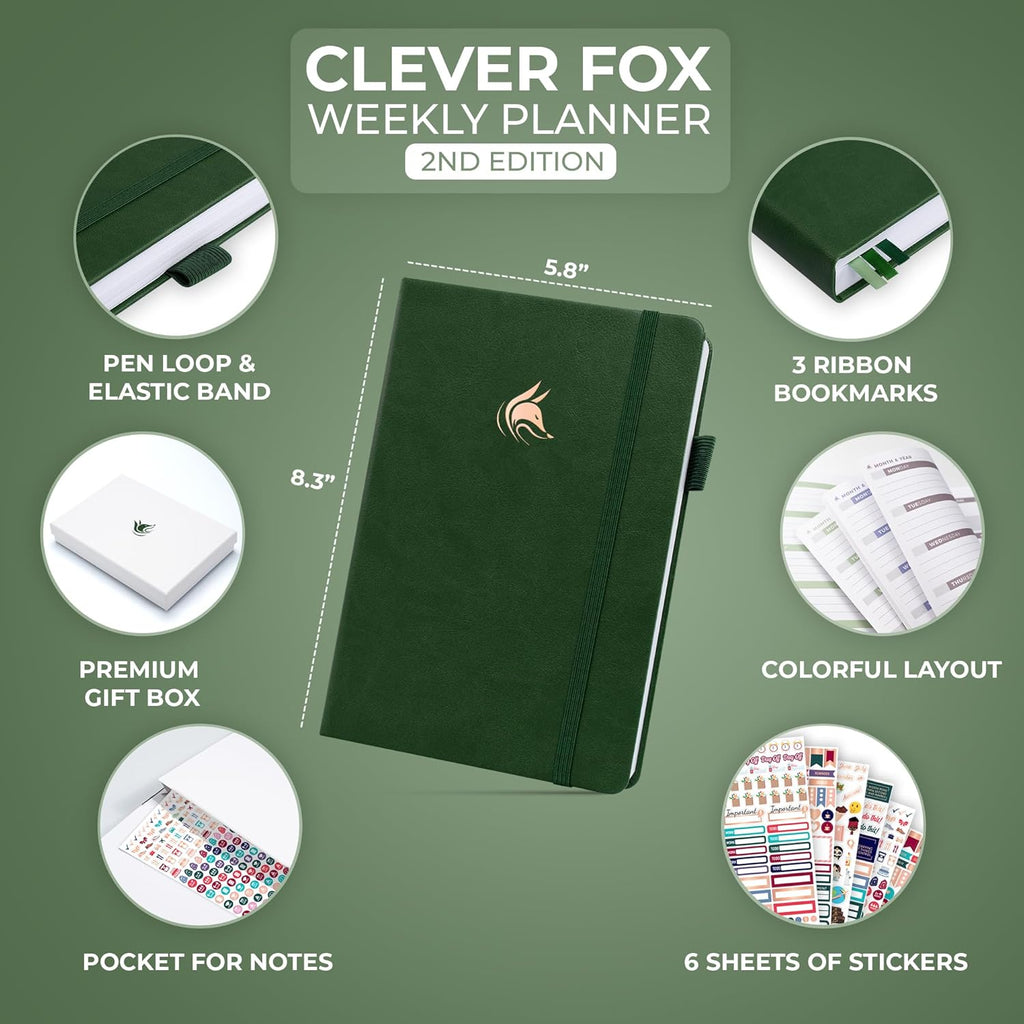 Clever Fox Planner 2nd Edition – Colorful Weekly & Monthly Goal Planner, Time Management & Productivity Organizer, Undated, A5 (Forest Green)