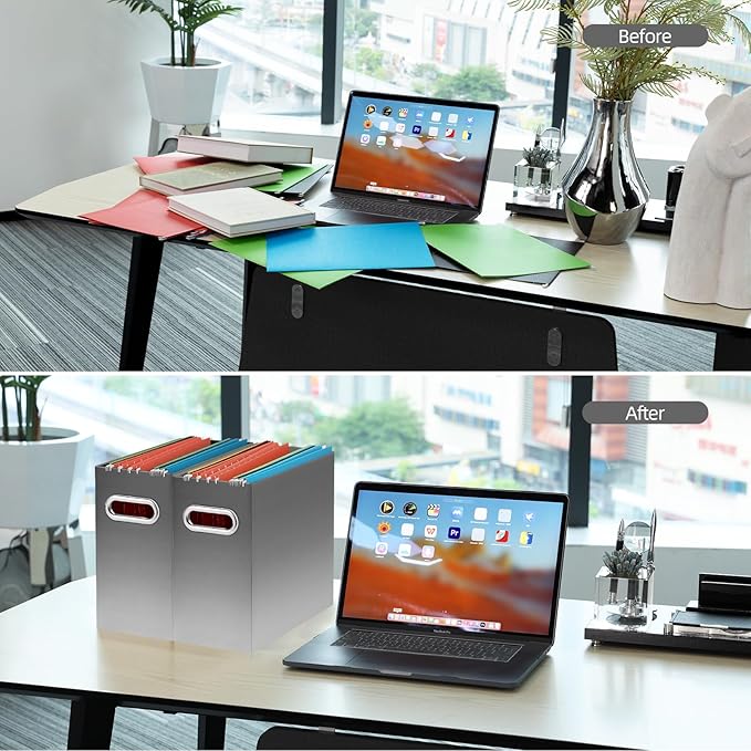 Oterri File Organizer, Small Storage Box, Cardboard File Folder Organizer, Collapsible File Box, Hanging File Organizer for Letter Size, Portable File Box, Only Box (Gradient Light gray,2 Packs)