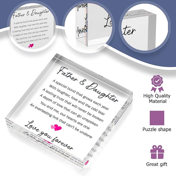Gifts for Dad from Daughter - Cute Father Daughter Gifts - Perfect Birthday Gifts for Dad, Christmas Gifts for Grandad, Step Dad - Acrylic Block with Sentimental Message