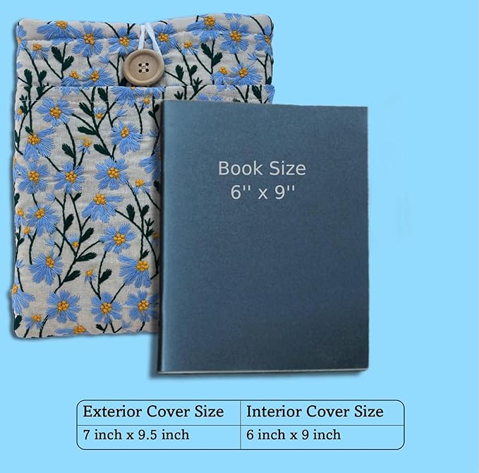 Embroidered Blue Daisy Book Sleeve. Black Book Cover/Protector