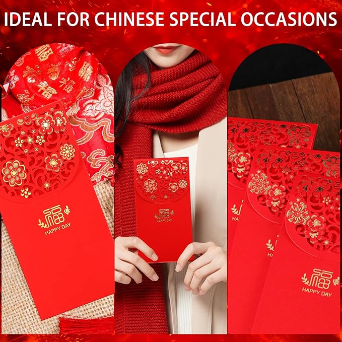 20 Pcs Chinese New Year Red Envelopes, 3.4 x 7 Inches Large 福 Hong Bao Lucky Money Cash Envelopes, Elegant Floral Design Red Packets Lai See for Spring Festival, Lunar New Year, Weddings, Birthdays