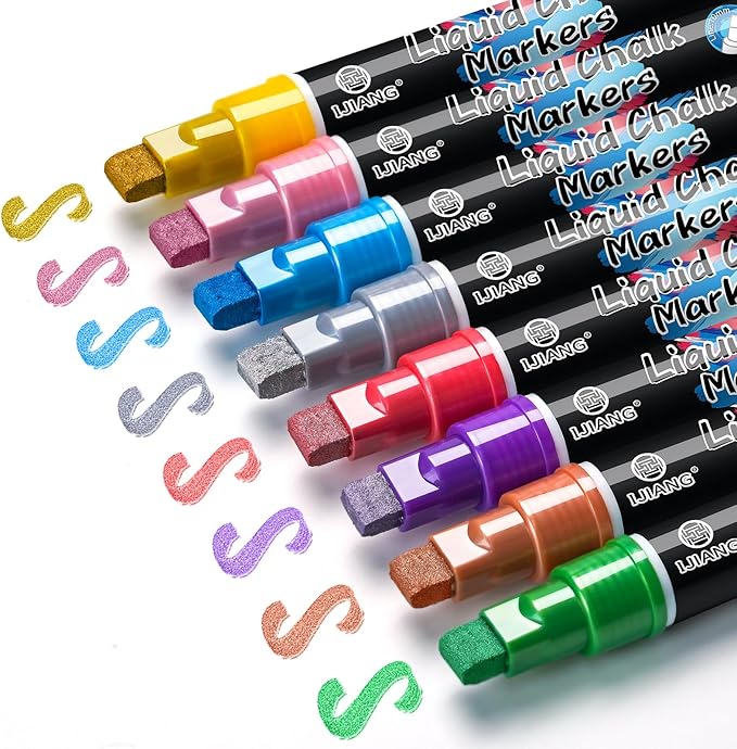 Window Chalk Markers Washable, Metallic 8 Colors Jumbo Chalk Marker Car Glass Erasable, Liquid Chalk Pens with 10mm Thick Tips for Chalkboard, Windows, Glass, Mirror, Auto, Poster, Bistro, Cars of DIY