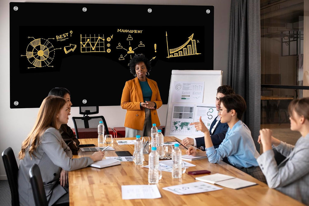 J&J worldwide Glass Whiteboard 8' x 4', Magnetic Black Glass Dry Erase Board, Black White Board Frameless, Includes Markers, Magnets, Marker Tray, Eraser for Wall, Office, Home, School