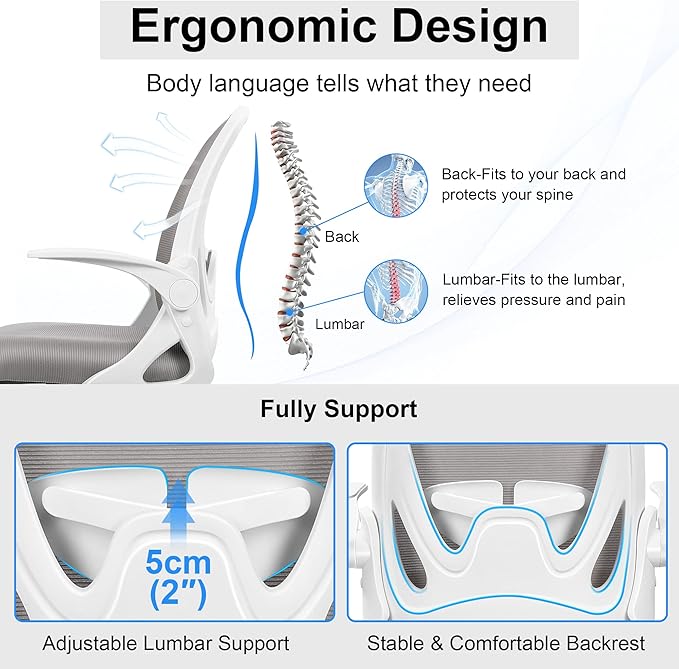 Primy Ergonomic Drafting Chair with Flip-up Armrests for Standing Desk - Tall Office Chair with Lumbar Support and Adjustable Footrest Ring（Gray）