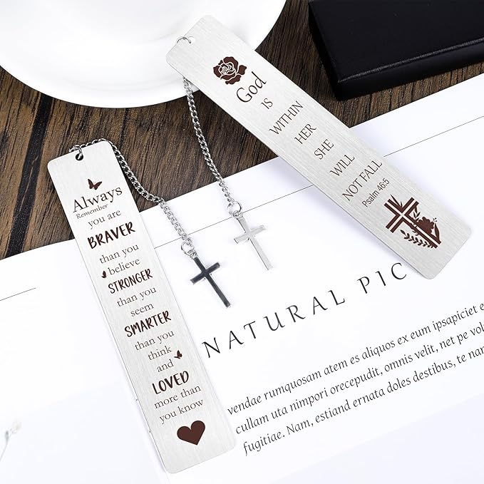 Christian Metal Bookmarks Gifts - 2Pcs Inspirational Bible Verse Bookmarks Gift for Book Lovers Pretty Bookmarker with Cross Pendant for Women Religious Book Mark Gifts for Friends