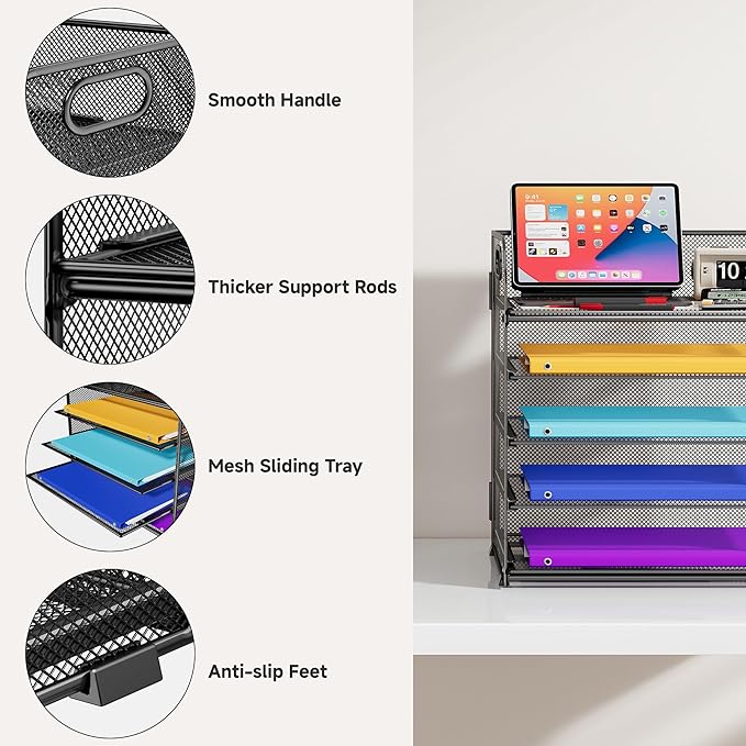 5 Tier Paper Organizer with Handle, Metal Mesh Desk Organizer File Folder Organizer Paper Letter Tray Desktop Document Sorter for Classroom, School, Office Organization and Storage - Black
