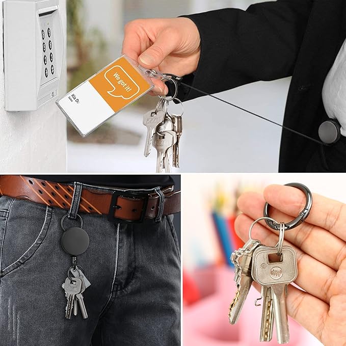 Will Well ID Badge Holder Reel with Clip and Keyring - Heavy-Duty All-Metal Casing with 27.5" UHMWPE Fiber Pull Cord for Durability and Easy Access, Holds up to 8 Keys - 2-Pack, Round, Glossy Silver