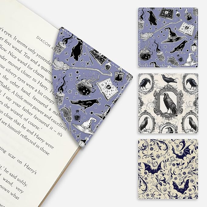 Gothic Crows Bats Corner Bookmarks, Cute Leather Book Accessories for Book Lovers, 3 Pcs Reading Book Page Markers for Women Men Student Teacher Girls Boys Kids Retirement Birthday Gifts