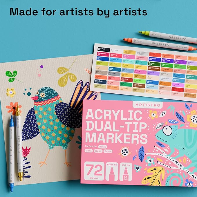 ARTISTRO 72 Acrylic Paint Markers for Fabric, Rocks, Paper, Wood, Canvas, Glass, DIY - Safe for Kids Dual Tip Acrylic Paint Pens (Dual Tip Dot + Brush, 72)