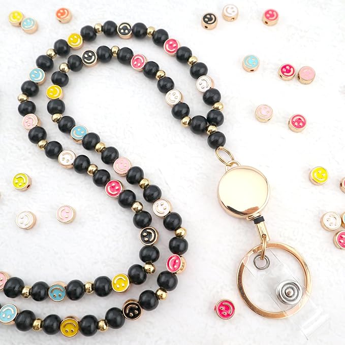 Smile Teacher Lanyard for Women with Retractable ID Badge Reel and Keychain Cute Happy Beads Lanyard