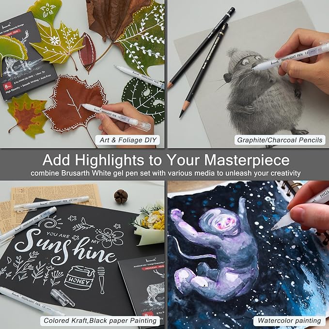 White Pens, White Gel Pens for Artists, 1mm Extra Fine Point, White Pens for Black Paper, White Gel Pen, White Ink Pen, White Drawing Pens,White Pen for Artists Drawing, 8 Pack