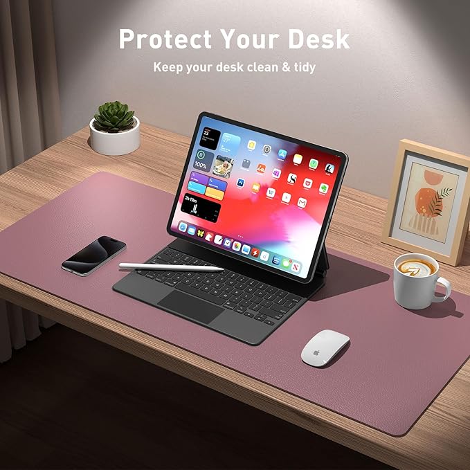 Aothia Leather Desk Pad Protector, Mouse Pad, Office Desk Mat, Non-Slip PU Leather Desk Blotter, Laptop Desk Pad, Waterproof Desk Writing Pad for Office and Home (Dark Pink, 23.6" x 13.7")