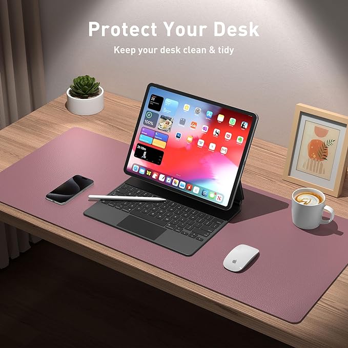 Aothia Leather Desk Pad Protector, Mouse Pad, Office Desk Mat, Non-Slip PU Leather Desk Blotter, Laptop Desk Pad, Waterproof Desk Writing Pad for Office and Home (48"x17", Dark Pink)