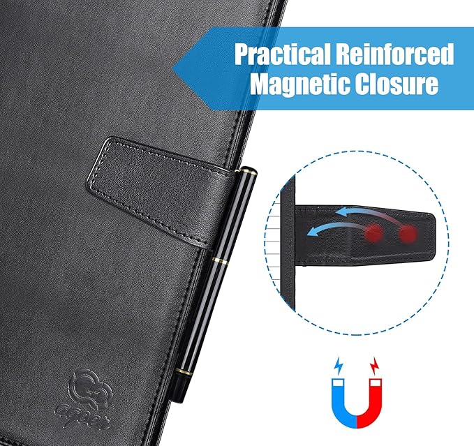 A5 Leather Portfolio Binder, Interview Legal Document Organizer with Magnetic Closure Cover with A5 Sized Papers,Sticky Tabs,Pen,Mini Document Organizer Folder for Men Women,Black