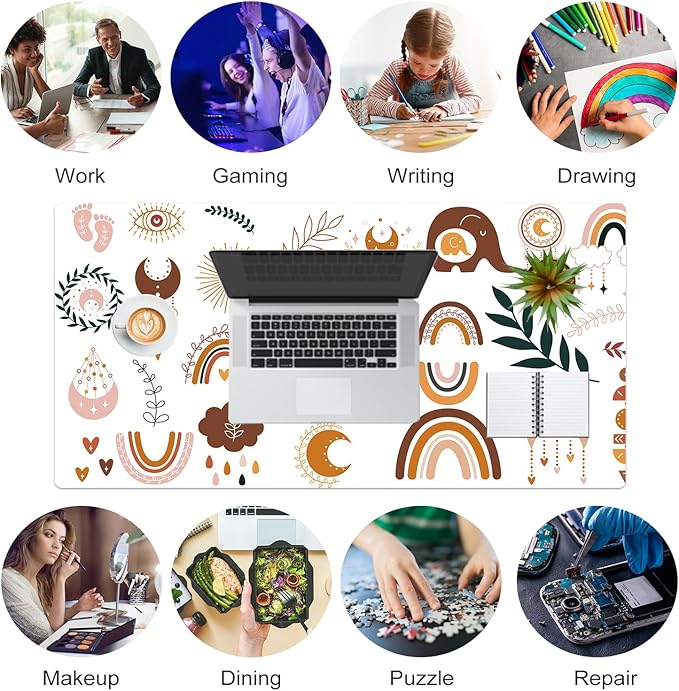 Colorful Star Boho Cute Desk Pad, Waterproof Rainbow Large Gaming Mouse pad for Girls Women Cute Desk Accessories Kawaii Office Decor, Computer Keyboard Mat for Work, Game, Office, Home 31.5" x 15.7"