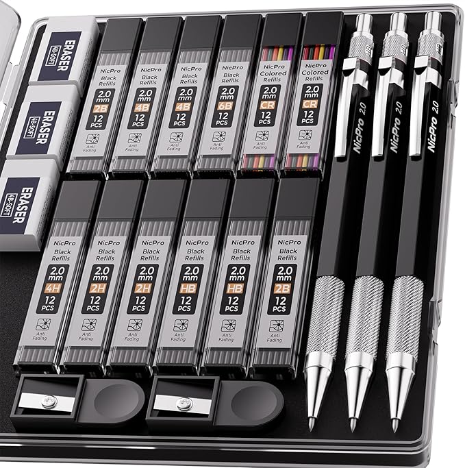 Nicpro 2mm Metal Mechanical Pencil Set with Case, 3PCS Lead Pencil Holder 2.0 mm with 144PCS Lead Refills (4H 2H HB 2B 4B 6B Color), Eraser, Sharpener for Drafting Writing Drawing Sketching